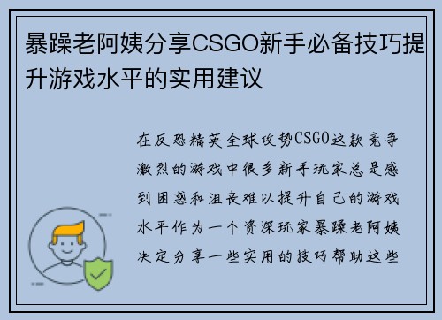 暴躁老阿姨分享CSGO新手必备技巧提升游戏水平的实用建议